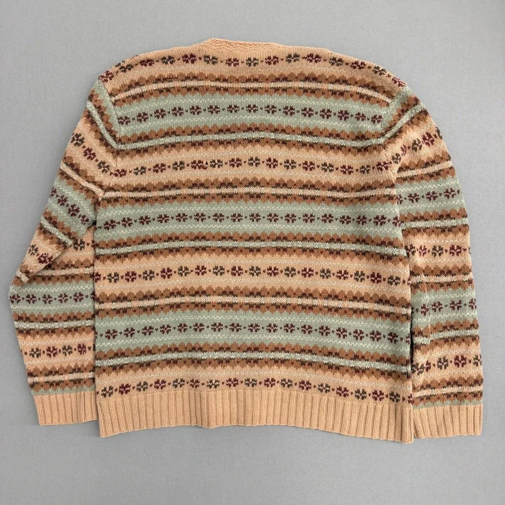 Polo Ralph Lauren Hand Knit Fair Isle V-Neck Sweater Linen Cotton Mens Large Tan